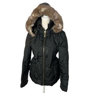 JUICY COUTURE BLACK DOWN FUR TRIM RUFFLE PUFFER JACKET XS